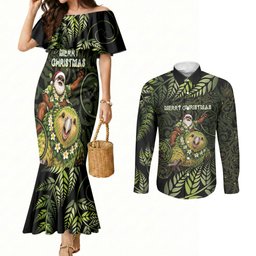 New Zealand Christmas Couples Matching Mermaid Dress and Long Sleeve Button Shirt Santa Riding Kakapo Bird Silver Fern