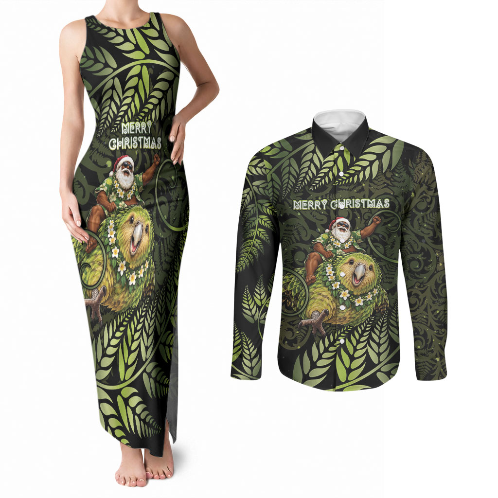 New Zealand Christmas Couples Matching Tank Maxi Dress and Long Sleeve Button Shirt Santa Riding Kakapo Bird Silver Fern