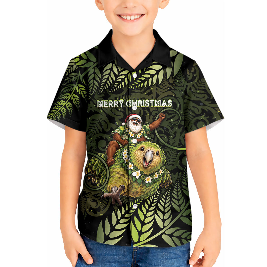 New Zealand Christmas Kid Hawaiian Shirt Santa Riding Kakapo Bird Silver Fern