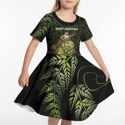 New Zealand Christmas Kid Short Sleeve Dress Santa Riding Kakapo Bird Silver Fern