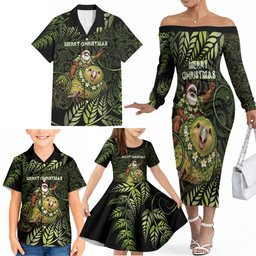 New Zealand Christmas Family Matching Off The Shoulder Long Sleeve Dress and Hawaiian Shirt Santa Riding Kakapo Bird Silver Fern