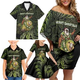 New Zealand Christmas Family Matching Off Shoulder Short Dress and Hawaiian Shirt Santa Riding Kakapo Bird Silver Fern