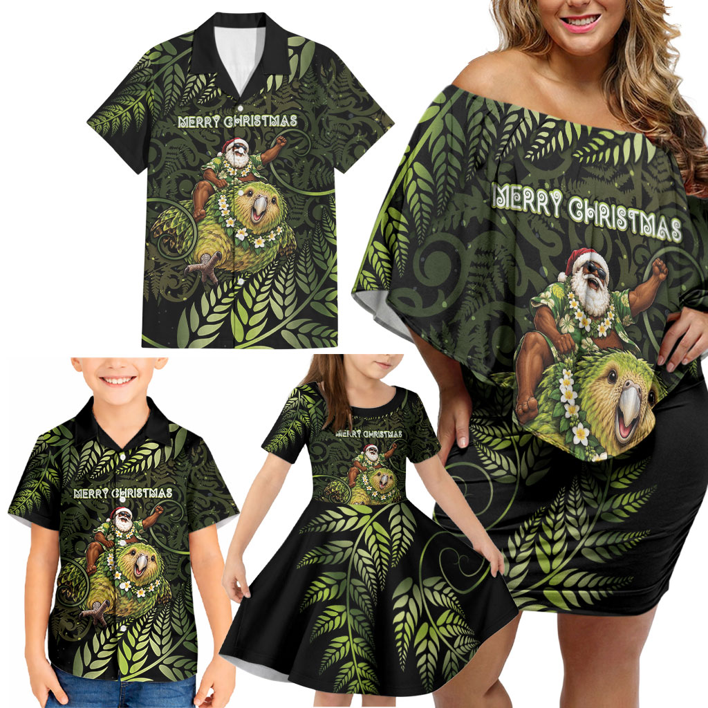 New Zealand Christmas Family Matching Off Shoulder Short Dress and Hawaiian Shirt Santa Riding Kakapo Bird Silver Fern