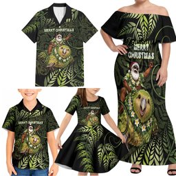 New Zealand Christmas Family Matching Off Shoulder Maxi Dress and Hawaiian Shirt Santa Riding Kakapo Bird Silver Fern
