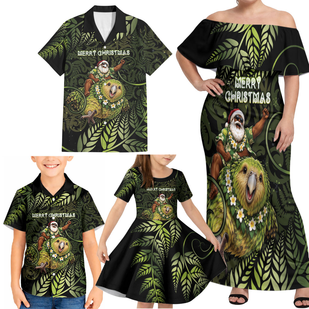 New Zealand Christmas Family Matching Off Shoulder Maxi Dress and Hawaiian Shirt Santa Riding Kakapo Bird Silver Fern
