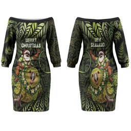 New Zealand Christmas Family Matching Off The Shoulder Long Sleeve Dress and Hawaiian Shirt Santa Riding Kakapo Bird Silver Fern