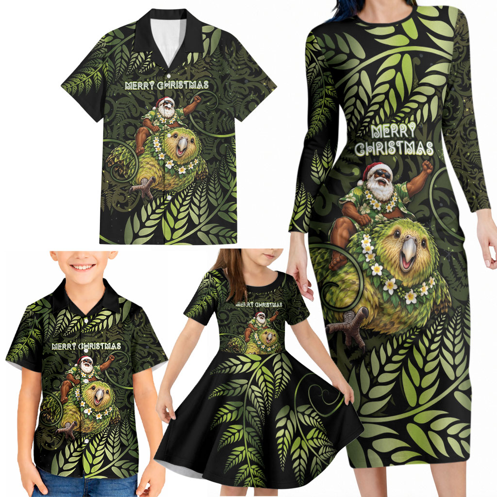 New Zealand Christmas Family Matching Long Sleeve Bodycon Dress and Hawaiian Shirt Santa Riding Kakapo Bird Silver Fern