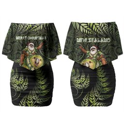 New Zealand Christmas Family Matching Off Shoulder Short Dress and Hawaiian Shirt Santa Riding Kakapo Bird Silver Fern