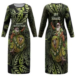 New Zealand Christmas Family Matching Long Sleeve Bodycon Dress and Hawaiian Shirt Santa Riding Kakapo Bird Silver Fern
