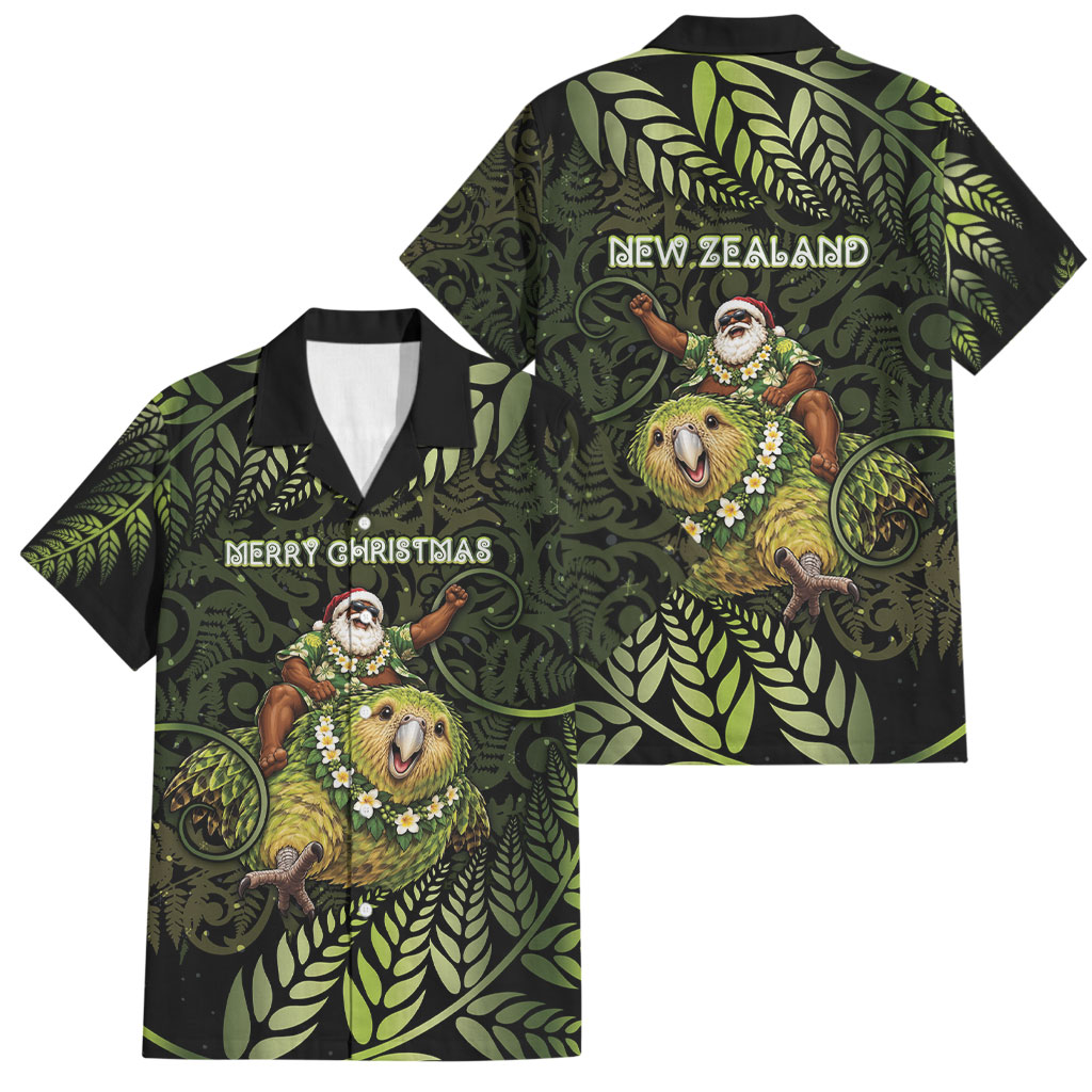 New Zealand Christmas Family Matching Long Sleeve Bodycon Dress and Hawaiian Shirt Santa Riding Kakapo Bird Silver Fern