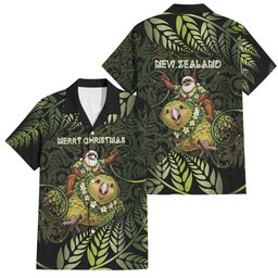 New Zealand Christmas Family Matching Long Sleeve Bodycon Dress and Hawaiian Shirt Santa Riding Kakapo Bird Silver Fern