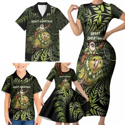 New Zealand Christmas Family Matching Short Sleeve Bodycon Dress and Hawaiian Shirt Santa Riding Kakapo Bird Silver Fern