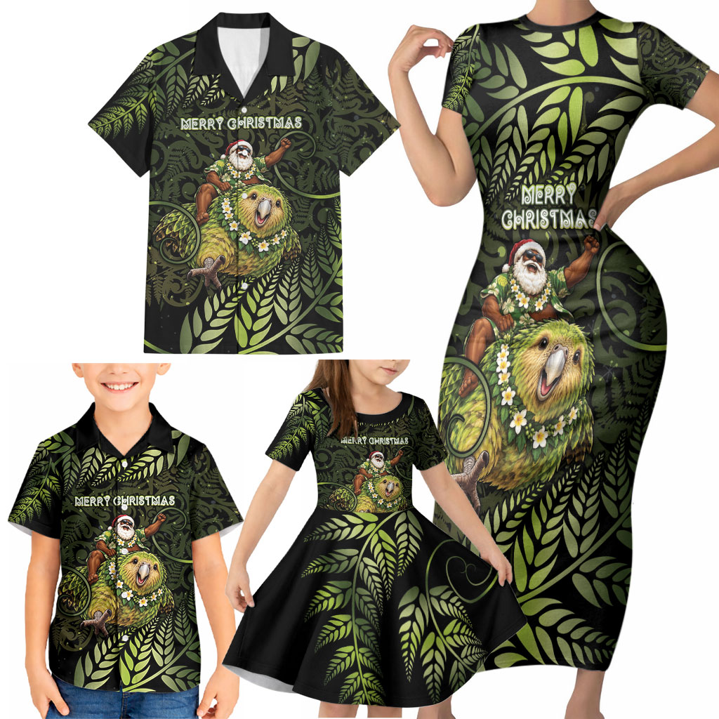 New Zealand Christmas Family Matching Short Sleeve Bodycon Dress and Hawaiian Shirt Santa Riding Kakapo Bird Silver Fern
