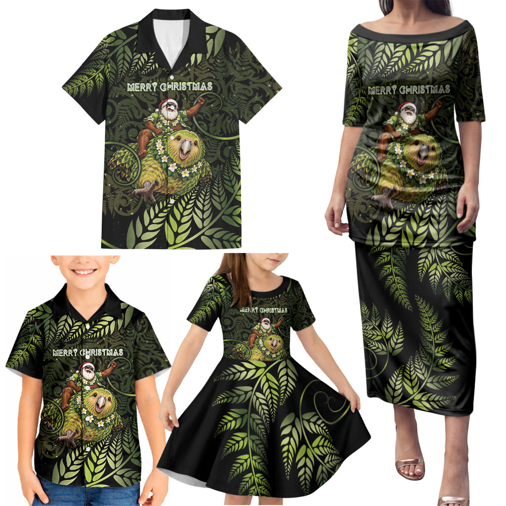 New Zealand Christmas Family Matching Puletasi and Hawaiian Shirt Santa Riding Kakapo Bird Silver Fern