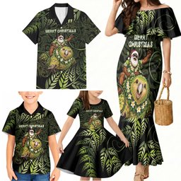 New Zealand Christmas Family Matching Mermaid Dress and Hawaiian Shirt Santa Riding Kakapo Bird Silver Fern