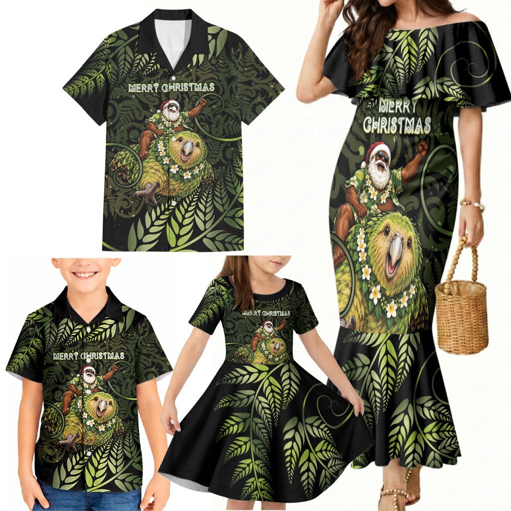 New Zealand Christmas Family Matching Mermaid Dress and Hawaiian Shirt Santa Riding Kakapo Bird Silver Fern
