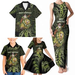 New Zealand Christmas Family Matching Tank Maxi Dress and Hawaiian Shirt Santa Riding Kakapo Bird Silver Fern