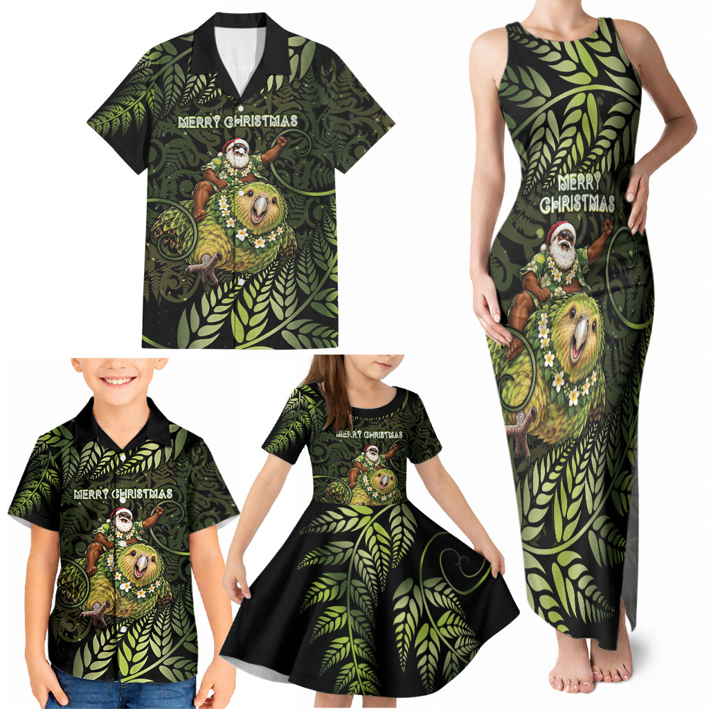 New Zealand Christmas Family Matching Tank Maxi Dress and Hawaiian Shirt Santa Riding Kakapo Bird Silver Fern