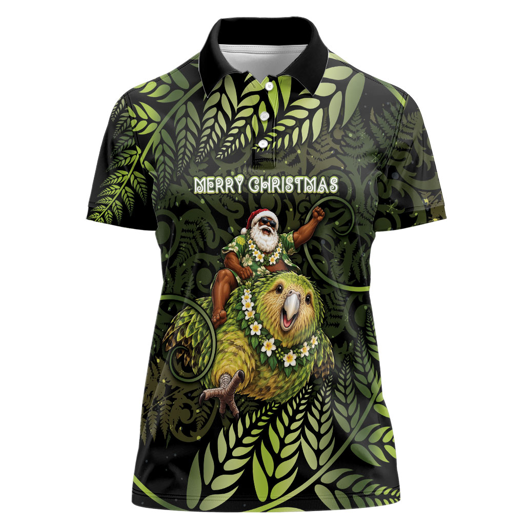 New Zealand Christmas Women Polo Shirt Santa Riding Kakapo Bird Silver Fern