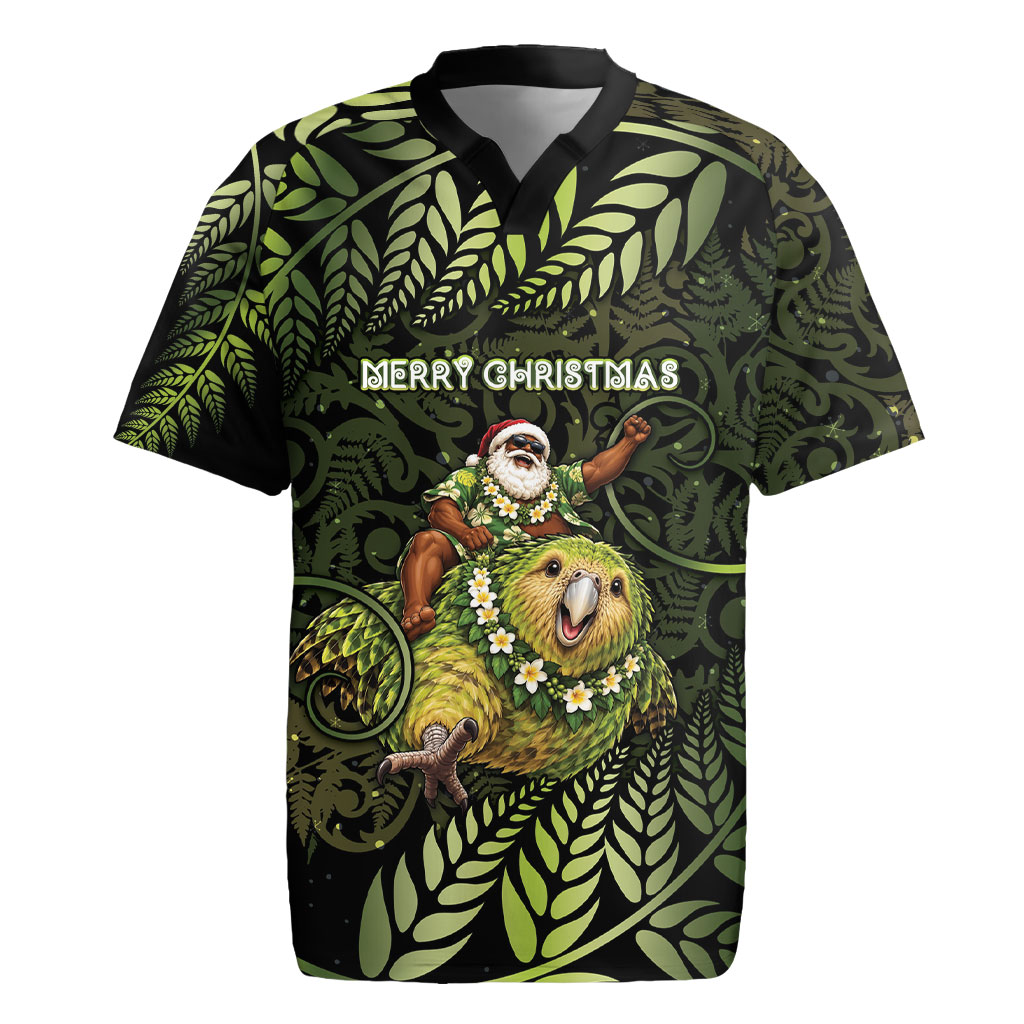New Zealand Christmas Rugby Jersey Santa Riding Kakapo Bird Silver Fern