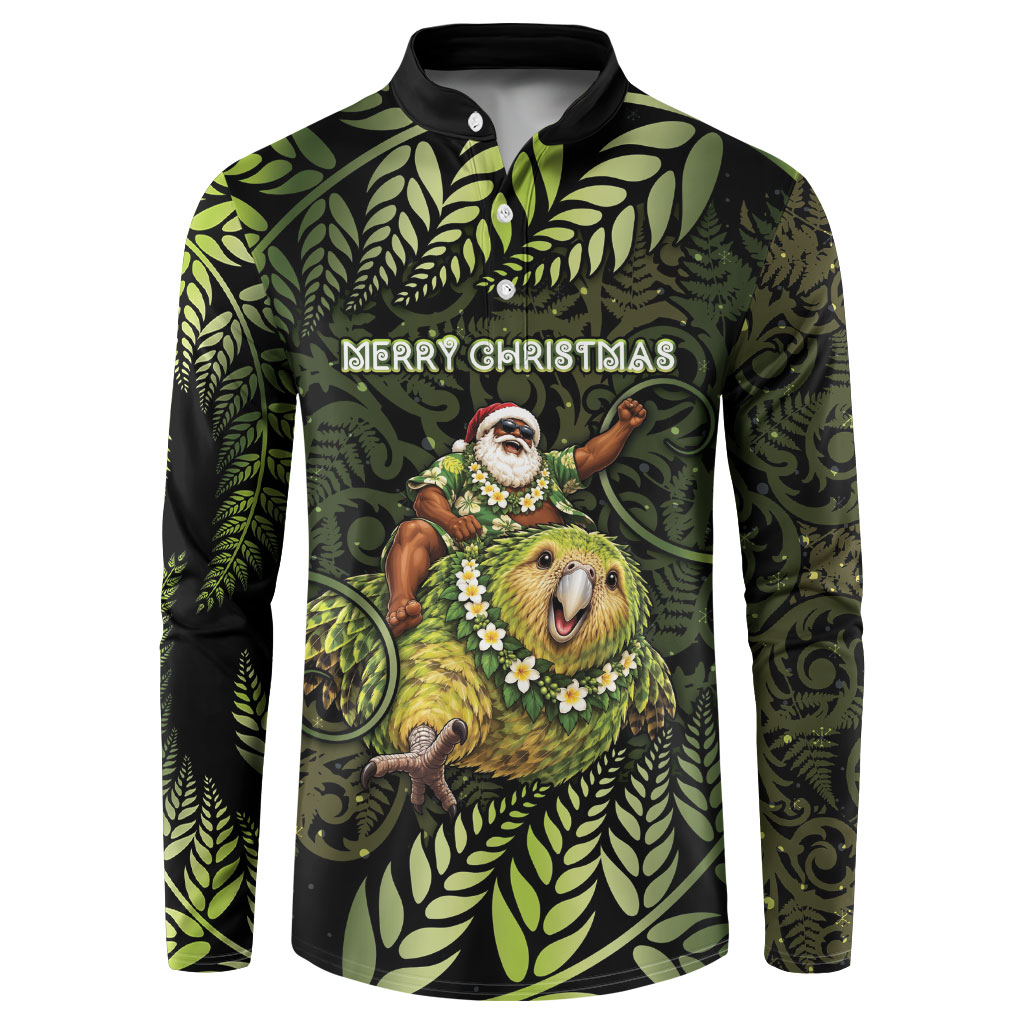 New Zealand Christmas Button Sweatshirt Santa Riding Kakapo Bird Silver Fern