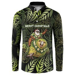 New Zealand Christmas Button Sweatshirt Santa Riding Kakapo Bird Silver Fern
