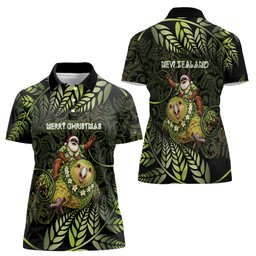 New Zealand Christmas Women Polo Shirt Santa Riding Kakapo Bird Silver Fern