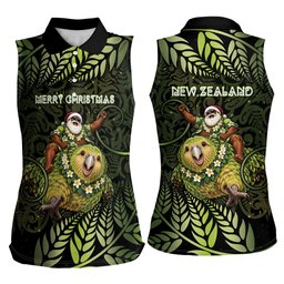 New Zealand Christmas Women Sleeveless Polo Shirt Santa Riding Kakapo Bird Silver Fern