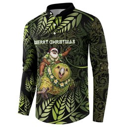New Zealand Christmas Button Sweatshirt Santa Riding Kakapo Bird Silver Fern