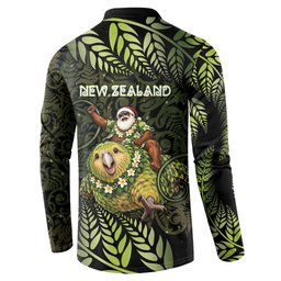 New Zealand Christmas Button Sweatshirt Santa Riding Kakapo Bird Silver Fern