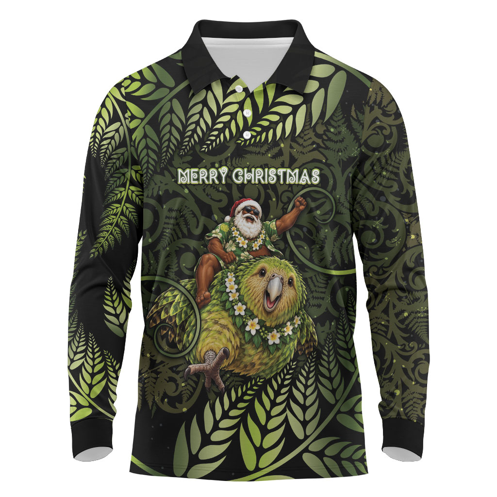 New Zealand Christmas Long Sleeve Polo Shirt Santa Riding Kakapo Bird Silver Fern