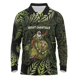 New Zealand Christmas Long Sleeve Polo Shirt Santa Riding Kakapo Bird Silver Fern