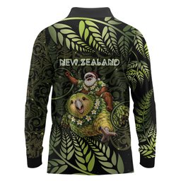 New Zealand Christmas Long Sleeve Polo Shirt Santa Riding Kakapo Bird Silver Fern