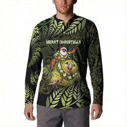 New Zealand Christmas Button Sweatshirt Santa Riding Kakapo Bird Silver Fern