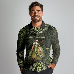 New Zealand Christmas Long Sleeve Polo Shirt Santa Riding Kakapo Bird Silver Fern