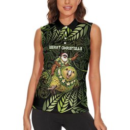 New Zealand Christmas Women Sleeveless Polo Shirt Santa Riding Kakapo Bird Silver Fern