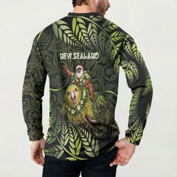 New Zealand Christmas Button Sweatshirt Santa Riding Kakapo Bird Silver Fern