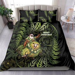 New Zealand Christmas Bedding Set Santa Riding Kakapo Bird Silver Fern