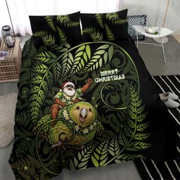 New Zealand Christmas Bedding Set Santa Riding Kakapo Bird Silver Fern