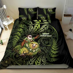 New Zealand Christmas Bedding Set Santa Riding Kakapo Bird Silver Fern