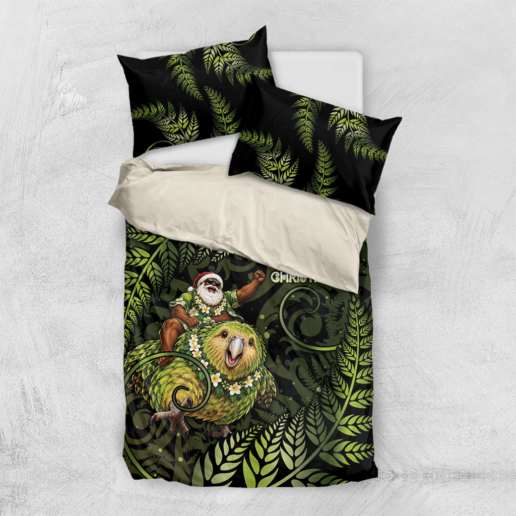 New Zealand Christmas Bedding Set Santa Riding Kakapo Bird Silver Fern
