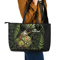 New Zealand Christmas Leather Tote Bag Santa Riding Kakapo Bird Silver Fern