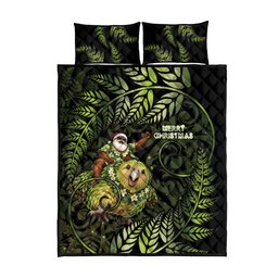 New Zealand Christmas Quilt Bed Set Santa Riding Kakapo Bird Silver Fern