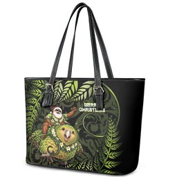 New Zealand Christmas Leather Tote Bag Santa Riding Kakapo Bird Silver Fern
