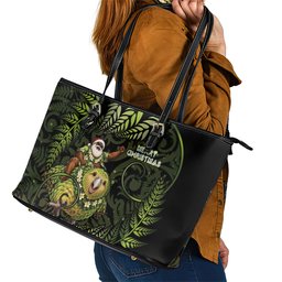 New Zealand Christmas Leather Tote Bag Santa Riding Kakapo Bird Silver Fern
