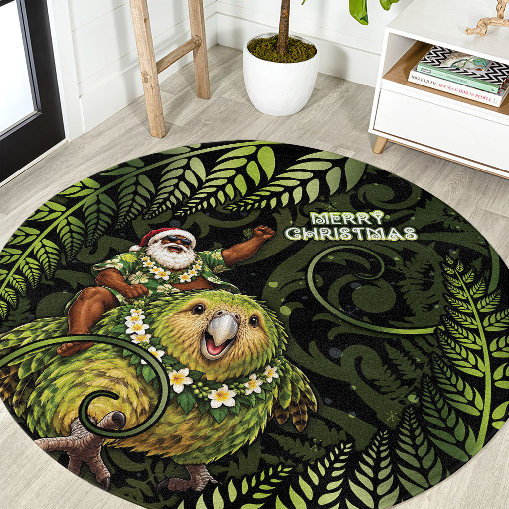 New Zealand Christmas Round Carpet Santa Riding Kakapo Bird Silver Fern