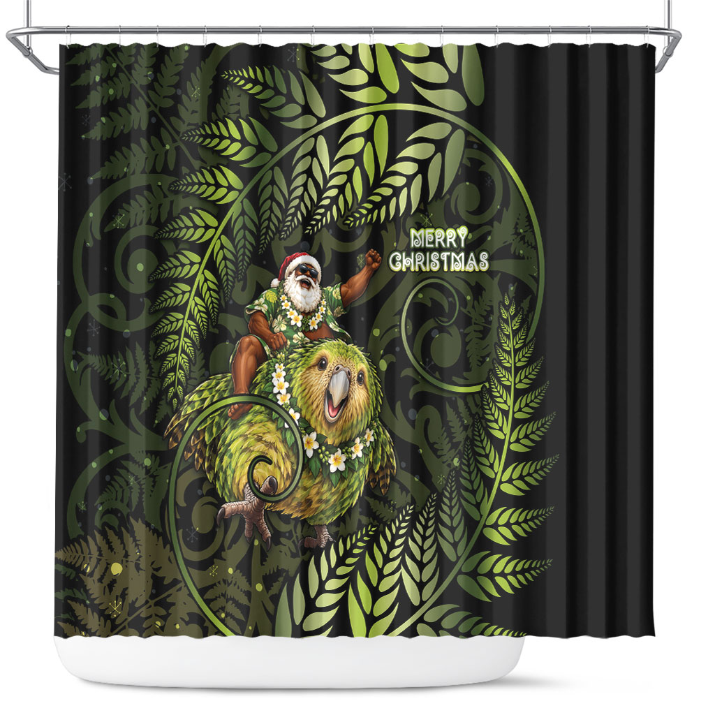 New Zealand Christmas Shower Curtain Santa Riding Kakapo Bird Silver Fern