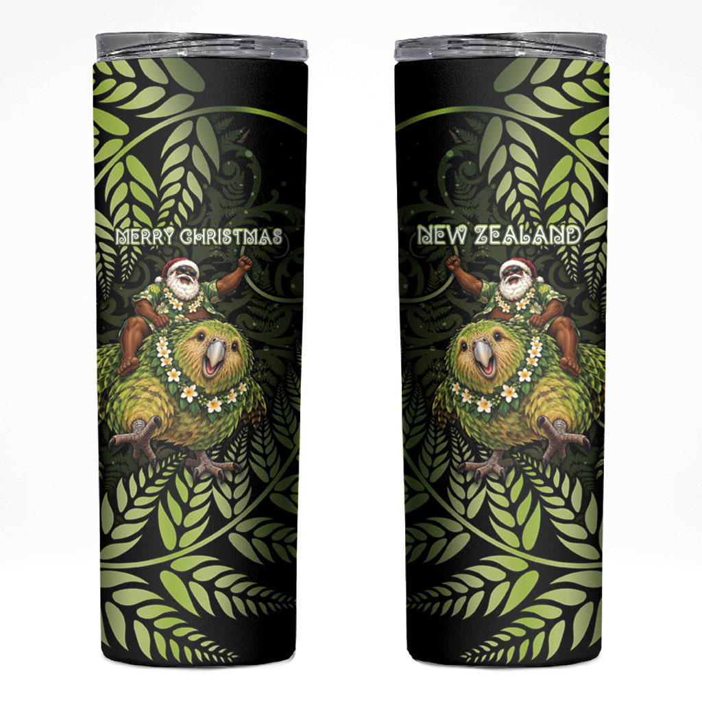 New Zealand Christmas Skinny Tumbler Santa Riding Kakapo Bird Silver Fern