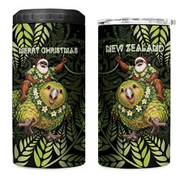 New Zealand Christmas 4 in 1 Can Cooler Tumbler Santa Riding Kakapo Bird Silver Fern