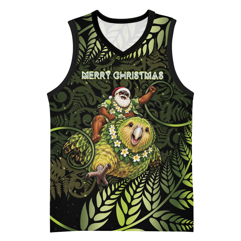 New Zealand Christmas Basketball Jersey Santa Riding Kakapo Bird Silver Fern